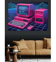 Neon Pembe Eski Bilgisayar Dekoratif Kanvas - Mdf Ahşap Tablo