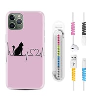 Apple iPhone 11 12 13 14 Pro Max Kılıf Kablo Koruma Spiral Silikon Pink Cat Heart 1303
