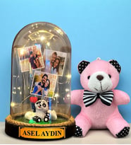 Size Özel Tasarlanacak Led Işıklı Fanus ve Pembe Peluş Anahtarlık Hediye Seti (Model 4)