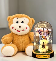 Kişiye Özel 3 Fotoğraflı LED Işıklı Fanus ve Sevimli Peluş Maymun Hediye Seti (peluş ayıcıklı)