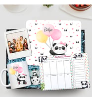 Kişiye Özel Mouse Pad & Panda Tasarımlı Kupa & Panda Kar Küresi & Beyaz İnstagram Çerçeve & Haftalık Planner Hediye Seti