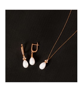 925 Ayar Zirkon Taşlı Tria Damla Gümüş İnci Set (Rose)