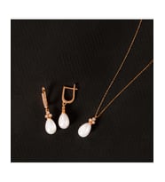 925 Ayar Zirkon Taşlı Tria Damla Gümüş İnci Set (Rose)