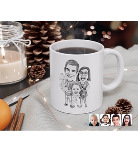 BK Gift Kişiye Özel Karakalem 4'lü Aile Karikatürlü Beyaz Kupa Bardak-1