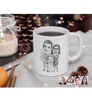BK Gift Kişiye Özel Karakalem 4'lü Aile Karikatürlü Beyaz Kupa Bardak-1