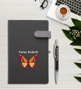 Kişiye Özel Kelebek Desen Baskılı İsme Özel Defter ve Kalem