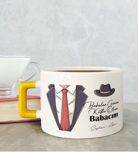 BK Gift Kişiye Özel Babalar Günü Tasarımlı Sarı Kulplu Çay & Kahve Fincanı-4, Babaya Hediye, Babalar Günü Hediyesi