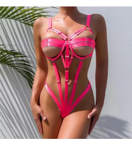 Pembe Tanga Şerit Dikiş Halka Detaylı Backles Bodysuit Fetiş İç Çamaşırı