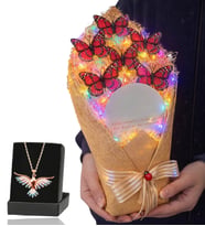 Renkli Led Işıklı Aynalı Kelebek Buketi ve Renkli Zümrüdü Anka Kuşu Kolye (Kırmızı)