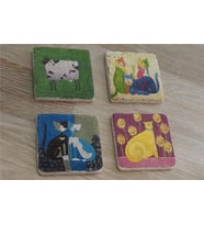 Sevimli Kediler ve İnek Doğal Taş Bardak Altlığı 4'lü set - Natural Stone Coasters