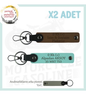 Motorcular İçin, İsim Plaka ve 0 Rh (+) Kan Grubu Kişiselleştirilen x2 Anahtarlık, Kahve-Turkuaz-Gr (Çok Renkli)