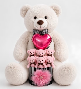 90 cm Peluş Ayıcık ve Kalp Balonlu Premium 6’lı Pembe Ayıcık Buketi – Sevgiliye Özel Romantik Hediye