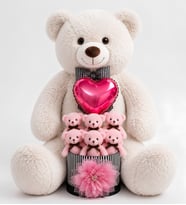 90 cm Peluş Ayıcık ve Kalp Balonlu Premium 6’lı Pembe Ayıcık Buketi – Sevgiliye Özel Romantik Hediye