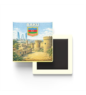 Retro Azerbaycan Bakü Şehri Temalı Vintage Buzdolap Magneti – 9x9 cm