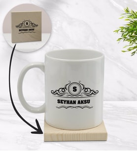 BK Gift Kişiye Özel İsimli Beyaz Kupa Bardak ve Ahşap Bardak Altlığı Hediye Seti - Model 33
