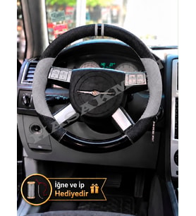 Chrysler 300 Dikme Direksiyon Kılıfı Delikli Deri Parlak Siyah Gri Detay Çift Yüzük ve Dikiş 2004-2010