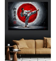 Karate Yapan Sporcu Güneş Logosu Dekoratif Kanvas - Mdf Ahşap Tablo