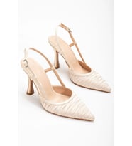 Arkası Açık Saten Özel Tasarım Stiletto (Bej)