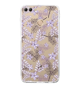 PrintiFy Huawei Y9 2018 Uyumlu Kamera Korumalı Floral Lila Tasarımlı Şeffaf Silikon Kılıf