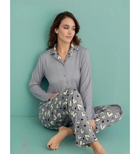 Mihra Kadın Gömlek Yaka TERMAL Pijama Takımı 14300/8 - 1 Adet (Gri)