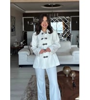 Flora Düğme Detaylı Napolyon Ceket Pantolon Takım - Beyaz