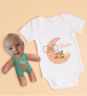 BK Kids Kişiye Özel Fotoğraflı Bebek Yastık ve Bebek Body Zıbın Hediye Seti - Model 12
