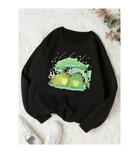 Unisex Sevimli Kurbagalar Baskılı Oversize Sweatshirt (Siyah)