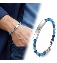 Moncuk Design Mavi Akik Beyaz İsim Yazılabilir Ve Ayarlanabilir Çelik Zincir Bileklik 33512B29D14
