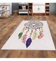 Düş Kapanı Dream Catcher Desen Etnik Bohem Dijital Baskı Yıkanabilir Kaymaz Taban Salon Halısı (Bej)