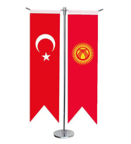 Masa Üstü Kırlangıç Kırgızistan + Türk Bayrağı + Krom T Direk Masa Bayrak Seti
