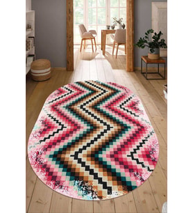 Dijital Baskılı Kaymaz Taban Yıkanabilir Oval Salon Halısı Mutfak Halısı Yolluk NDO-HT-114 (Pembe)