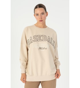 Maraton Oversize Kadın Bisiklet Yaka Bej- Sweatshirt