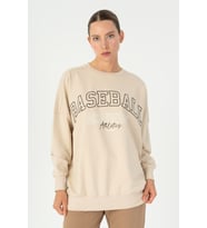 Maraton Oversize Kadın Bisiklet Yaka Bej- Sweatshirt