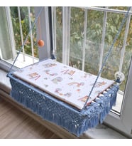Vantuzlu Hamak Cam Kedi Yatağı, Pamuklu Mat Ve Örgü Toplu (Bebe Mavi)