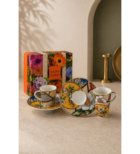 Türk Kahvesi Fincan Takımı İçe Geçmeli Vintage Floral 2 Kişilik 4 Parça Fincan Ve Tabak