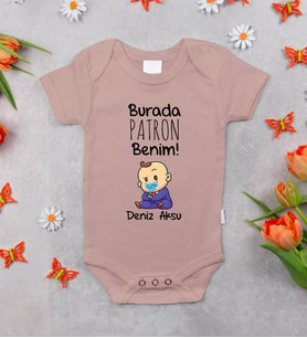 BK Kids Kişiye Özel Burada Patron Benim Tasarımlı Pembe %100 Pamuklu Kısa Kol Bebek Body Zıbın, Yeni Doğan Bebek Hediyesi