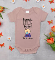 BK Kids Kişiye Özel Burada Patron Benim Tasarımlı Pembe %100 Pamuklu Kısa Kol Bebek Body Zıbın, Yeni Doğan Bebek Hediyesi