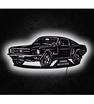 1968 Mustang Tasarımlı Led Mdf Duvar Tablosu, 6mm Ahşap Duvar Dekoru