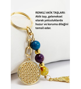 Doğal Taşlı Metal Yaşam Çiçeği Anahtarlık, Renkli Akik Taşlı Araba Hediyesi (Standart)
