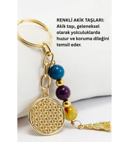 Doğal Taşlı Metal Yaşam Çiçeği Anahtarlık, Renkli Akik Taşlı Araba Hediyesi (Standart)