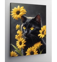 Kanvas Tablo Kara Kedi Ve Sarı Çiçekler