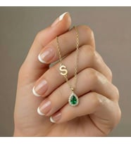 925 Ayar Gümüş Kişiye Özel 14 Ayar Altın Kaplama Gold Rengi Zirkonlu Damla Yan Harf Kolye