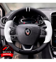 Renault Lutecia 4 Dikme Direksiyon Kılıfı Delikli Deri Parlak Siyah Beyaz Detay Çift Yüzük ve Dikiş 2013-2019