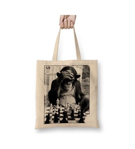 Monkey Chess Maymun Santranç Beyaz Bez Çanta Uzun Saplı Alışveriş Çantası Plaj Çantası