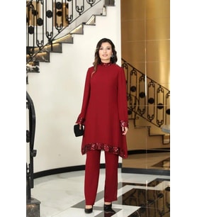 Umay Şifon Tunik Pantolon Takım Bordo ELB68