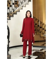 Umay Şifon Tunik Pantolon Takım Bordo ELB68