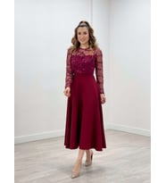 Üst Saçaklı Payet Alt Double Kumaş Midiboy Elbise - BORDO