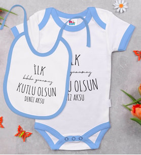 BK Kids Kişiye Özel Babalar Günü Tasarımlı Mavi Bebek Body Zıbın ve Mama Önlüğü Hediye Seti-5
