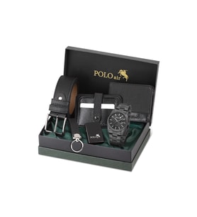 Polo Air Mercek Takvimli Erkek Kol Saati Cüzdan Kemer Kartlık Anahtarlık Çakmaklı Set Siyah Renk PL-7088E1