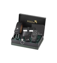 Polo Air Mercek Takvimli Erkek Kol Saati Cüzdan Kemer Kartlık Anahtarlık Çakmaklı Set Siyah Renk PL-7088E1